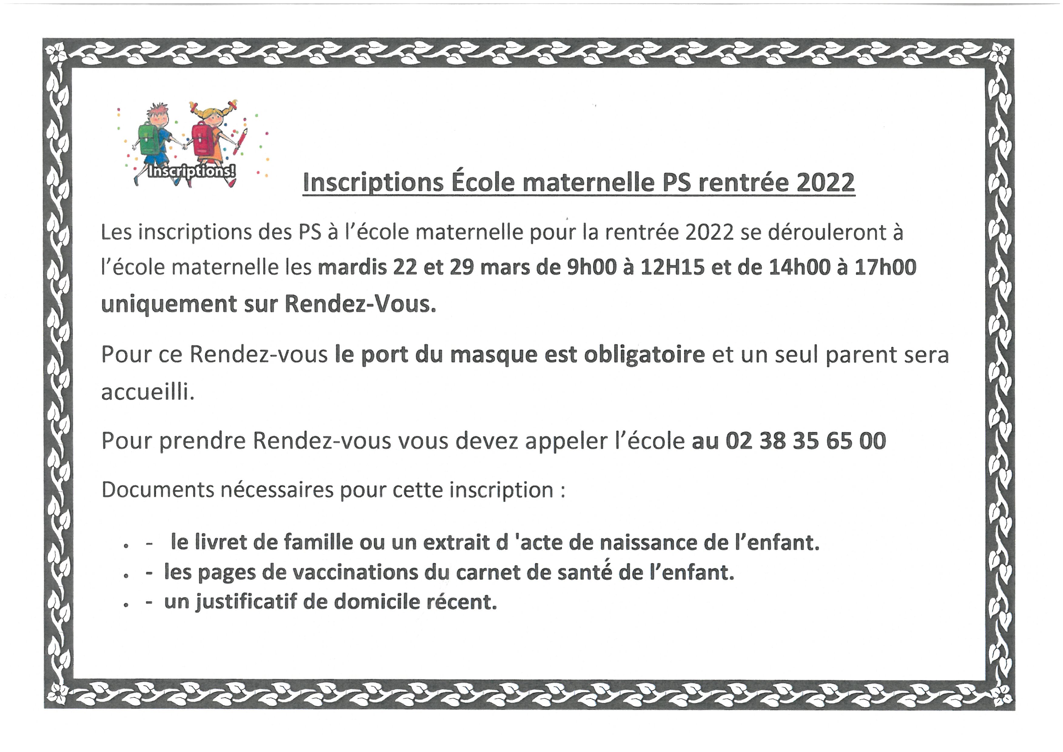 Inscriptions Ecole Maternelle Petite Section 2022 Les 22 Et 29 Mars